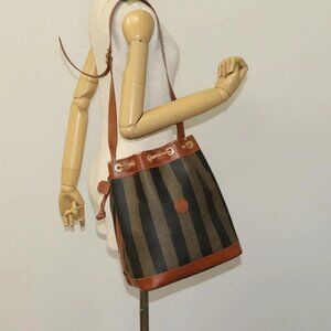 FENDI Pecan Canvas Shoulder Bag PVC Black Brown Auth 127073